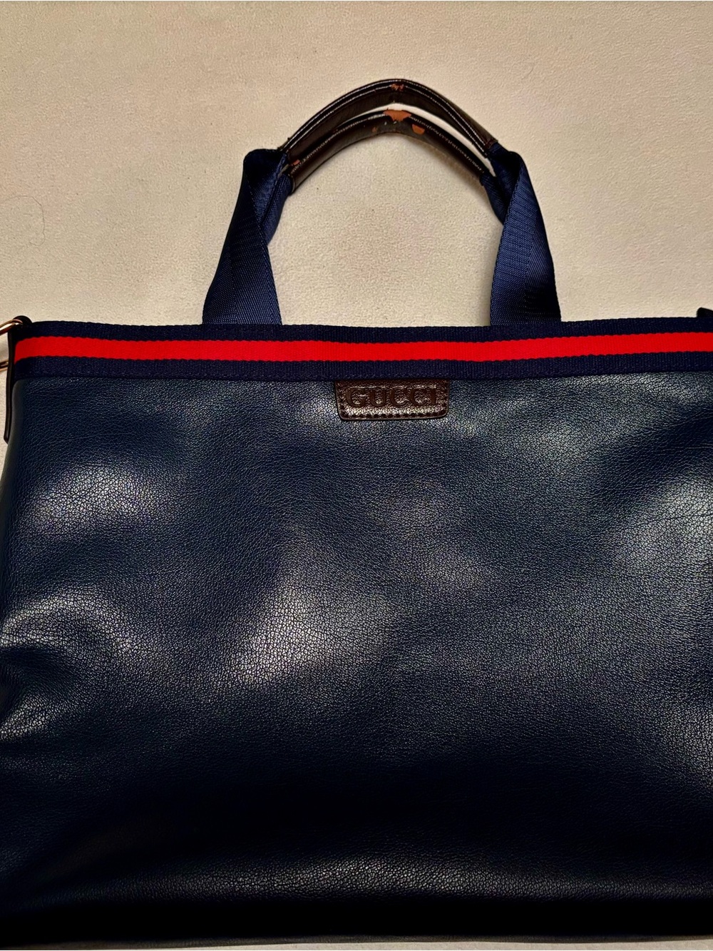 Faux Gucci Navy Leather Briefcase with Red Web Stripe